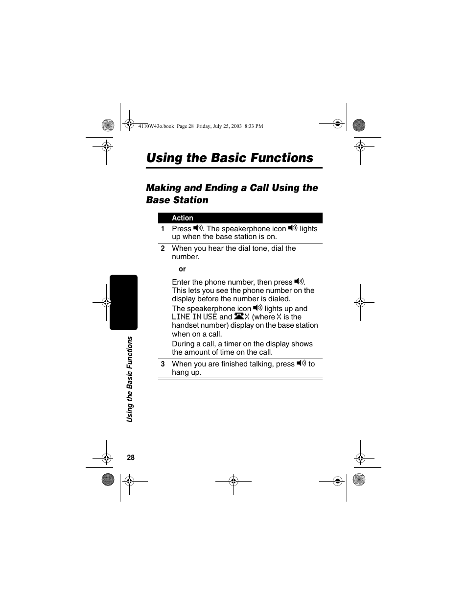 Using the basic functions, Making and ending a call using the base station | Motorola MD680 User Manual | Page 30 / 76
