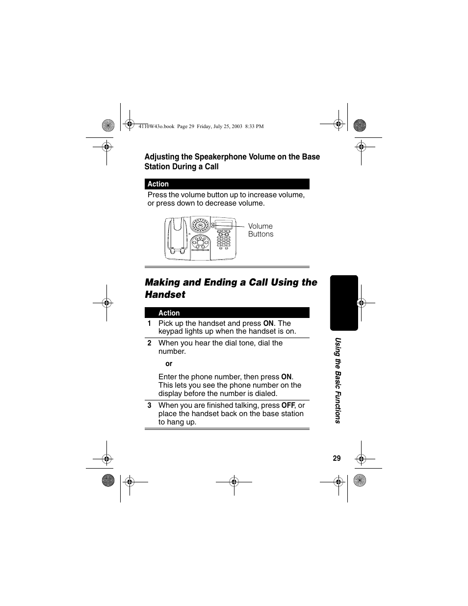 Making and ending a call using the handset, Adjusting the speakerphone volume, On the base station during a call | Motorola MD680 User Manual | Page 31 / 76