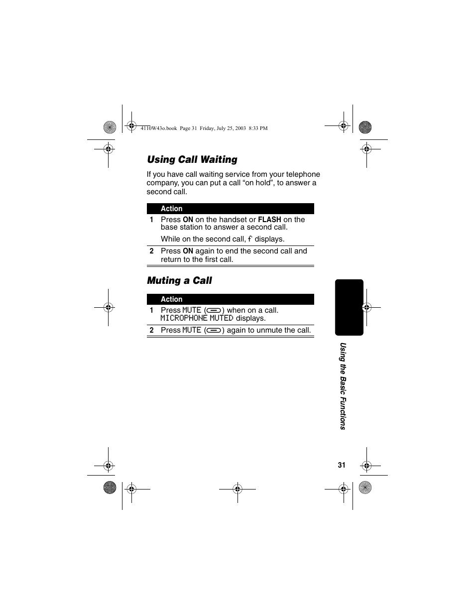 Using call waiting, Muting a call, Using call waiting muting a call | Motorola MD680 User Manual | Page 33 / 76