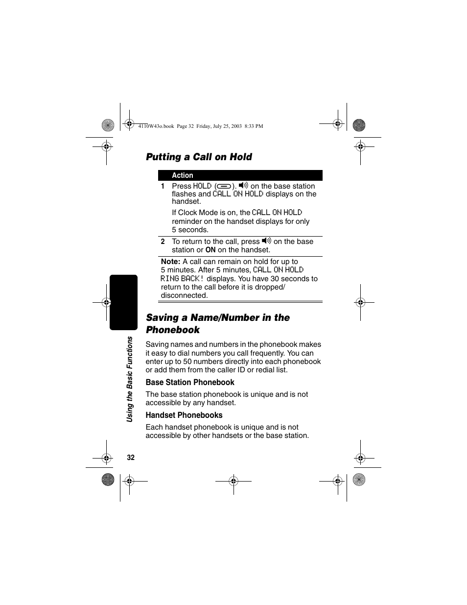 Putting a call on hold, Saving a name/number in the phonebook, Base station phonebook | Handset phonebooks, Base station phonebook handset phonebooks | Motorola MD680 User Manual | Page 34 / 76