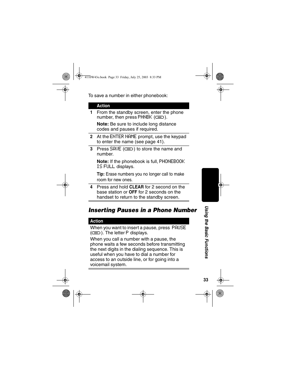 Inserting pauses in a phone number | Motorola MD680 User Manual | Page 35 / 76