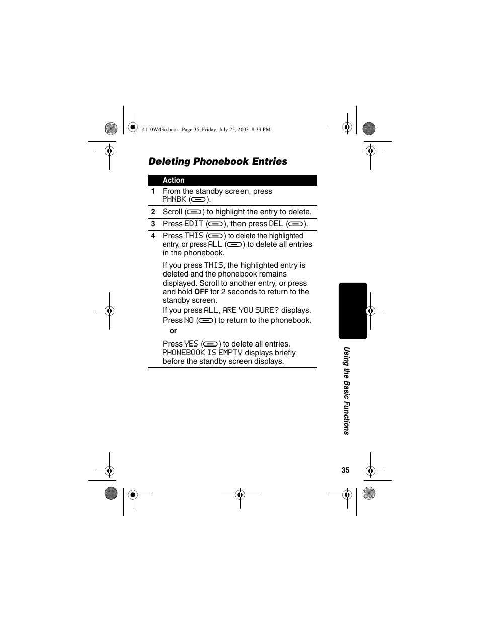 Deleting phonebook entries | Motorola MD680 User Manual | Page 37 / 76