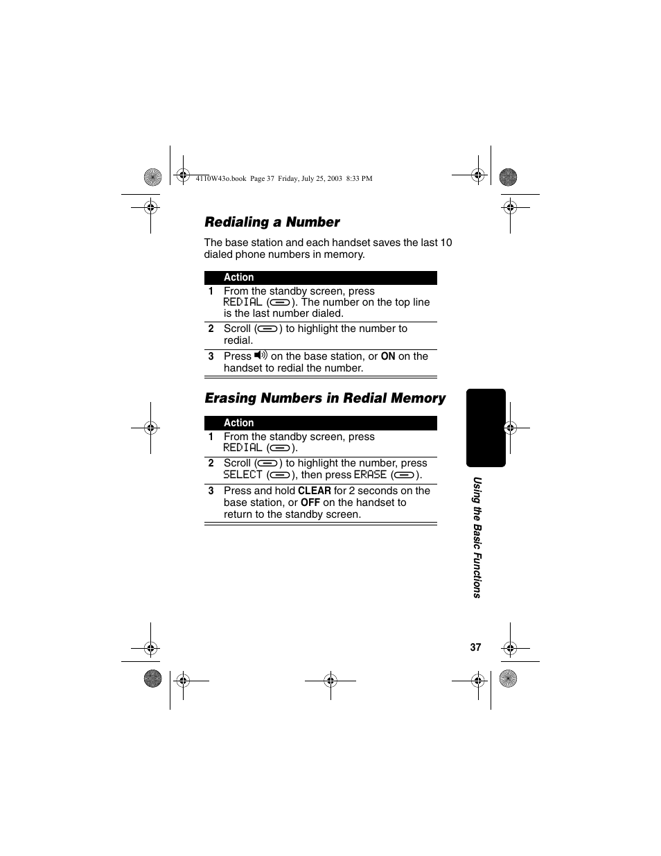 Redialing a number, Erasing numbers in redial memory | Motorola MD680 User Manual | Page 39 / 76