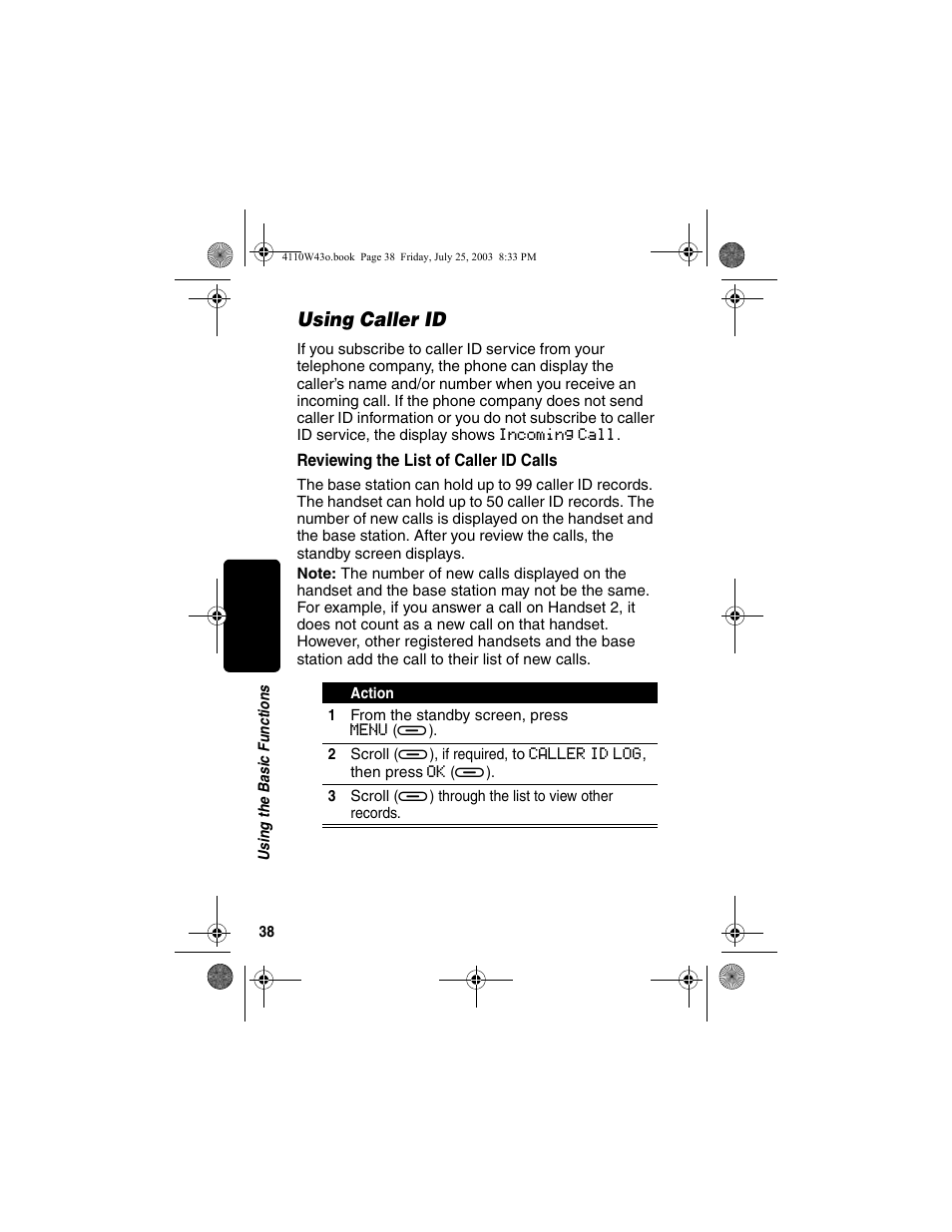 Using caller id, Reviewing the list of caller id calls | Motorola MD680 User Manual | Page 40 / 76