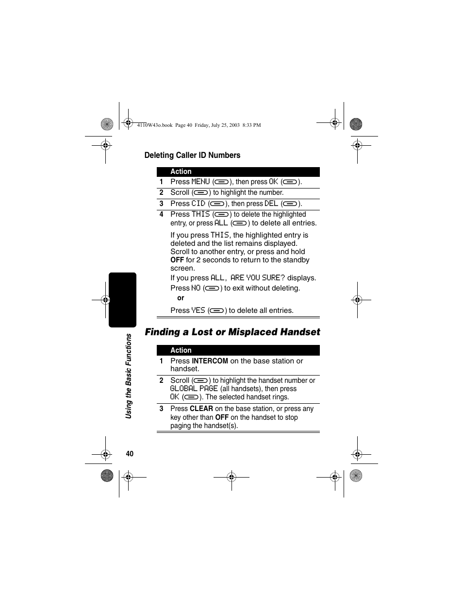 Deleting caller id numbers, Finding a lost or misplaced handset | Motorola MD680 User Manual | Page 42 / 76