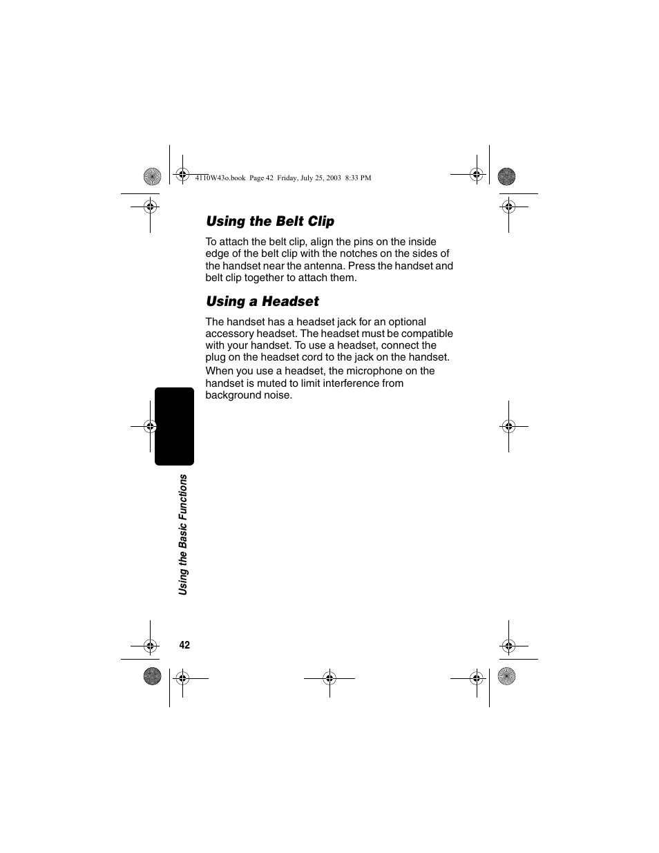 Using the belt clip, Using a headset, Using the belt clip using a headset | Motorola MD680 User Manual | Page 44 / 76
