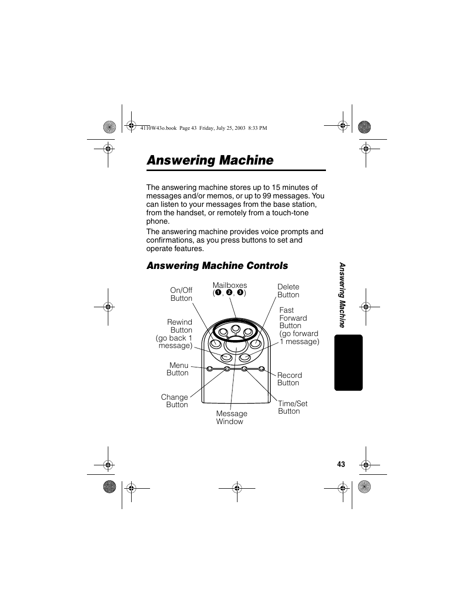 Answering machine, Answering machine controls | Motorola MD680 User Manual | Page 45 / 76