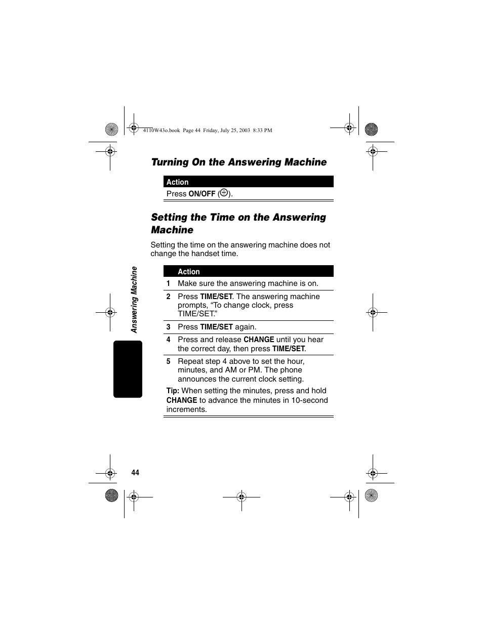 Turning on the answering machine, Setting the time on the answering machine | Motorola MD680 User Manual | Page 46 / 76