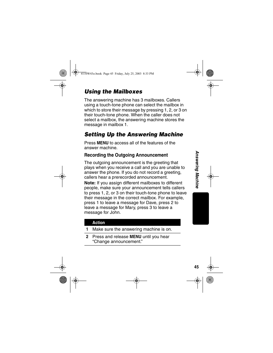 Using the mailboxes, Setting up the answering machine, Recording the outgoing announcement | Motorola MD680 User Manual | Page 47 / 76