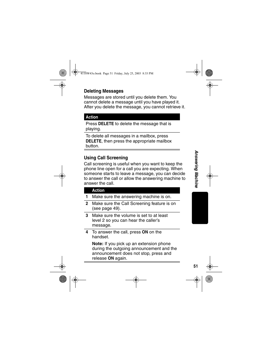 Deleting messages, Using call screening, Deleting messages using call screening | Motorola MD680 User Manual | Page 53 / 76