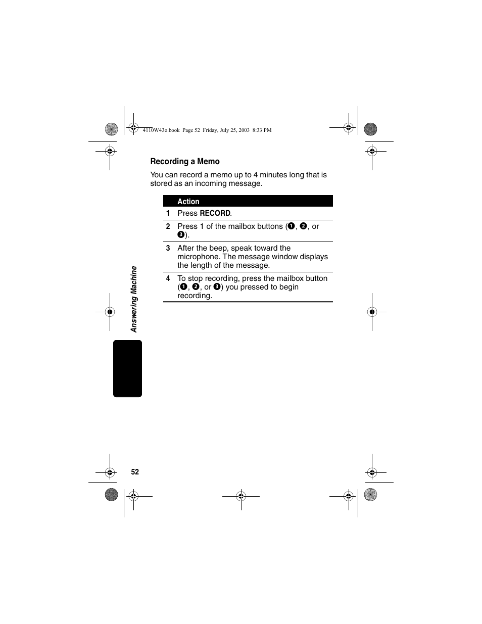 Recording a memo | Motorola MD680 User Manual | Page 54 / 76