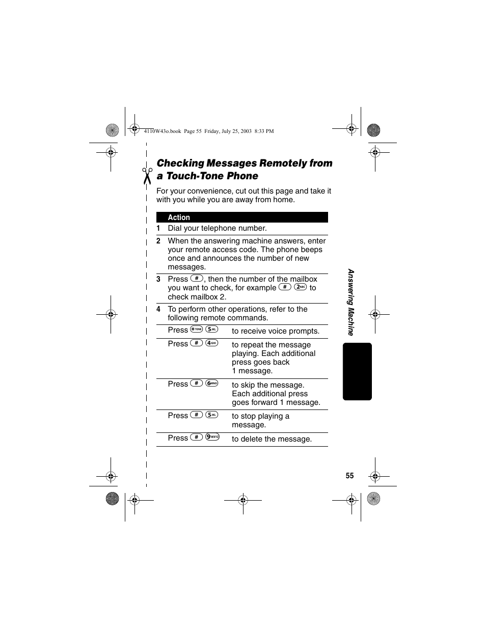 Checking messages remotely from a touch-tone phone, Checking messages remotely from, A touch-tone phone | Motorola MD680 User Manual | Page 57 / 76