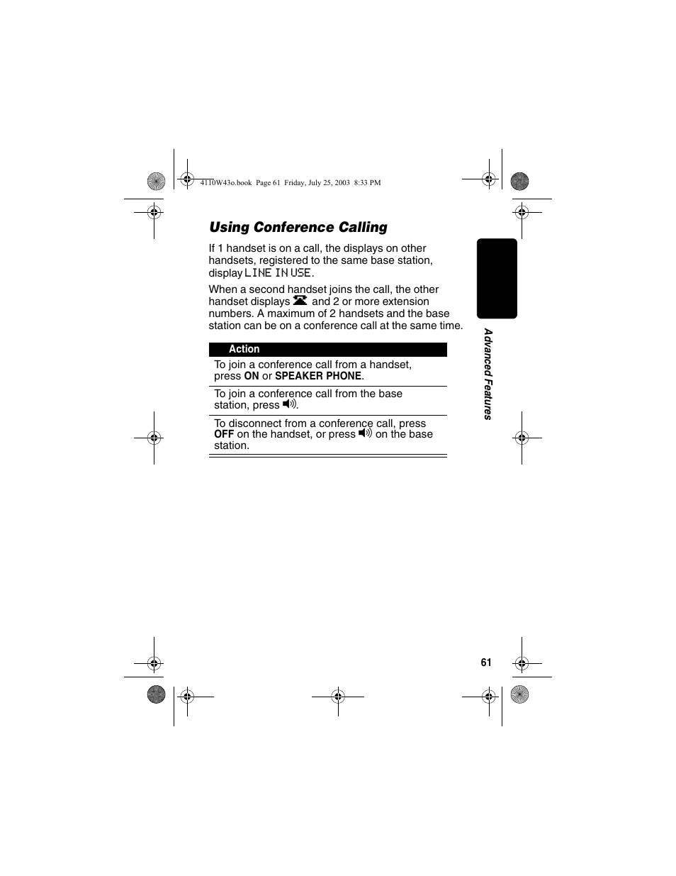 Using conference calling | Motorola MD680 User Manual | Page 63 / 76
