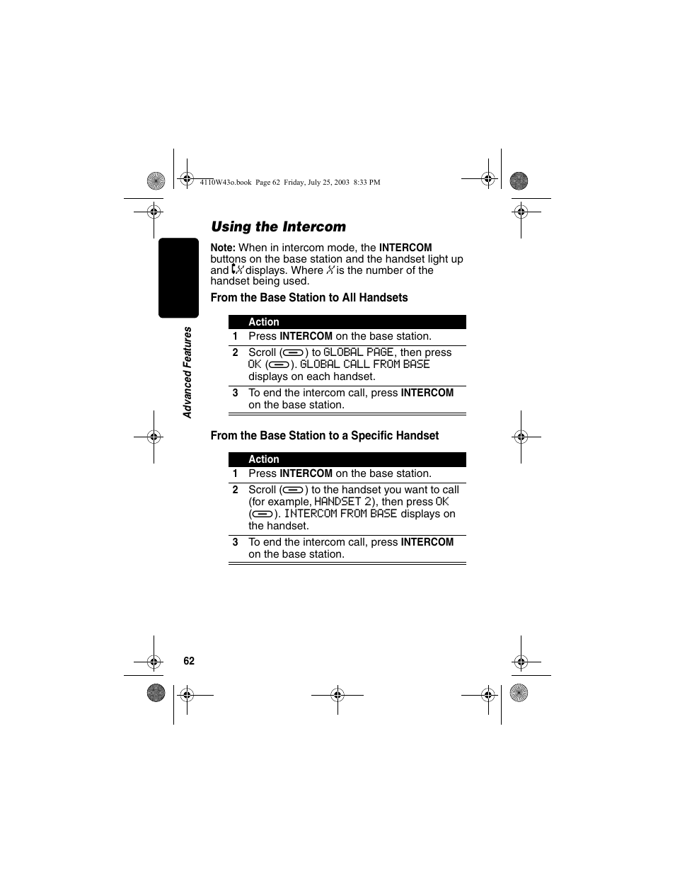 Using the intercom, From the base station to all handsets, From the base station to a specific handset | Motorola MD680 User Manual | Page 64 / 76
