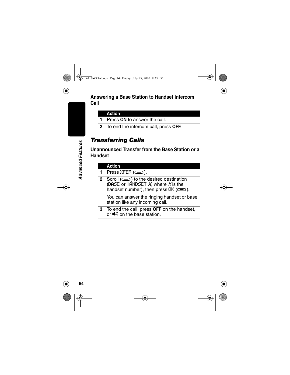 Answering a base station to handset intercom call, Transferring calls, Answering a base station | To handset intercom call, Unannounced transfer from, The base station or a handset | Motorola MD680 User Manual | Page 66 / 76