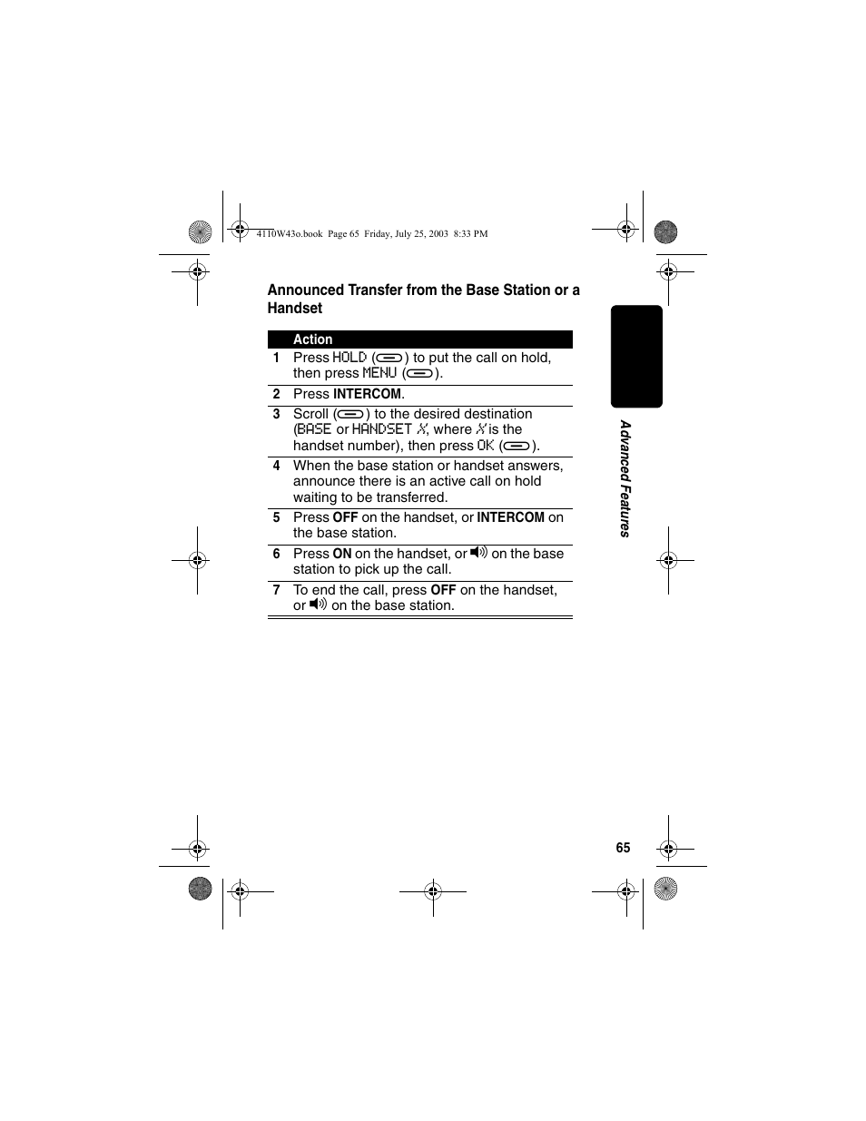 Announced transfer from, The base station or a handset | Motorola MD680 User Manual | Page 67 / 76