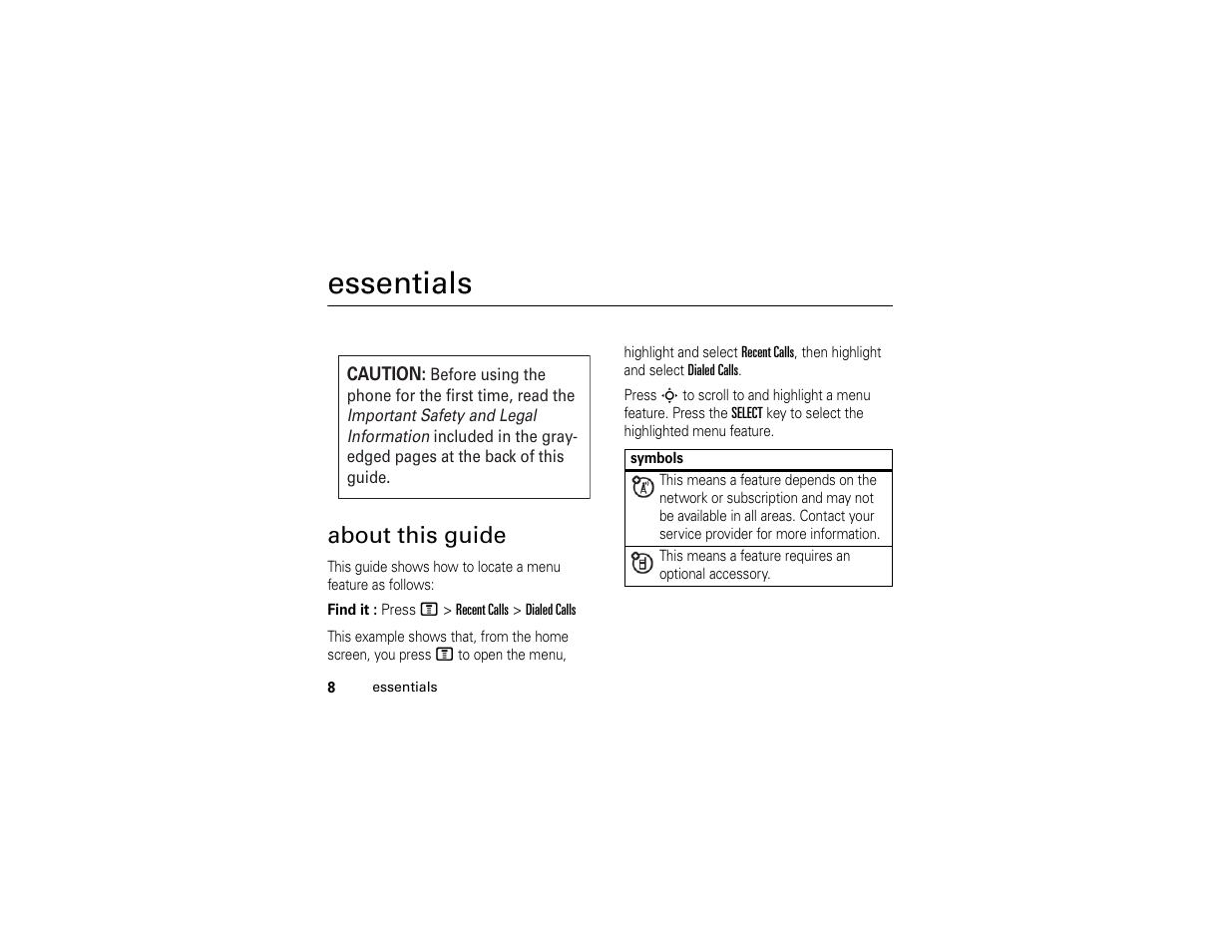 Essentials, About this guide | Motorola C261 User Manual | Page 10 / 78