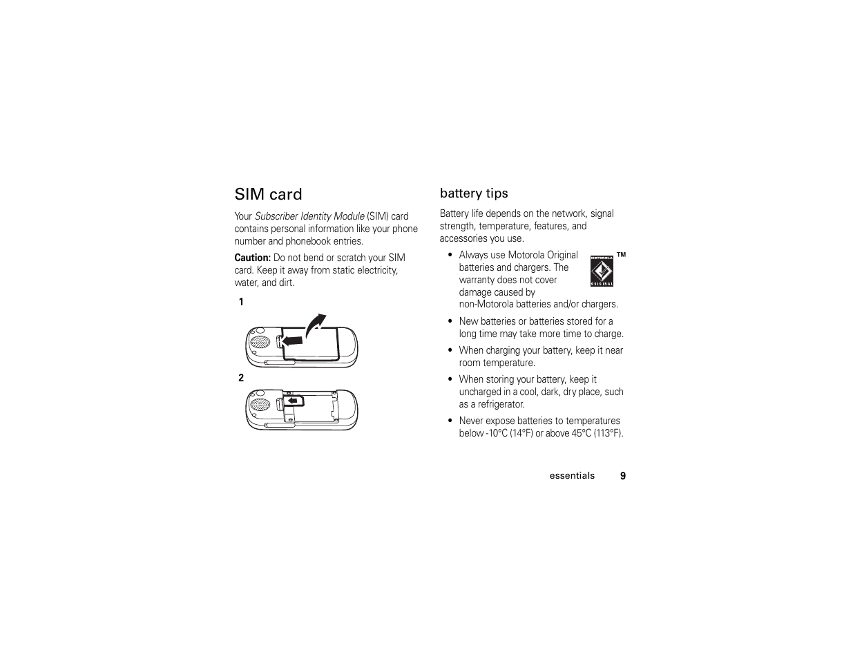 Sim card, Battery tips | Motorola C261 User Manual | Page 11 / 78