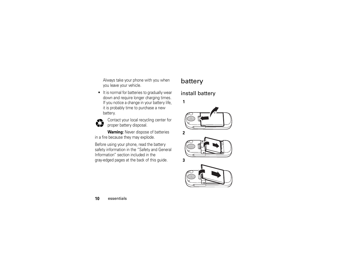 Battery | Motorola C261 User Manual | Page 12 / 78