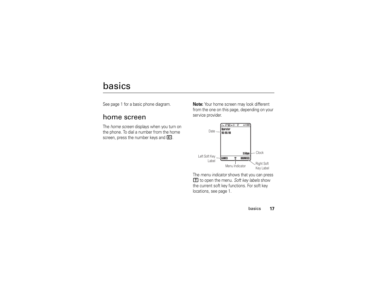 Basics, Home screen | Motorola C261 User Manual | Page 19 / 78