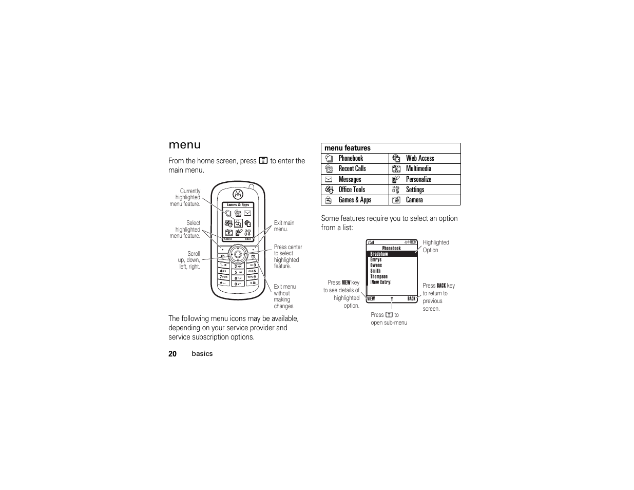 Menu | Motorola C261 User Manual | Page 22 / 78
