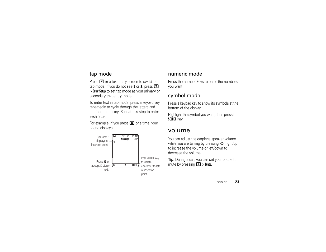 Volume, Tap mode, Numeric mode | Symbol mode | Motorola C261 User Manual | Page 25 / 78