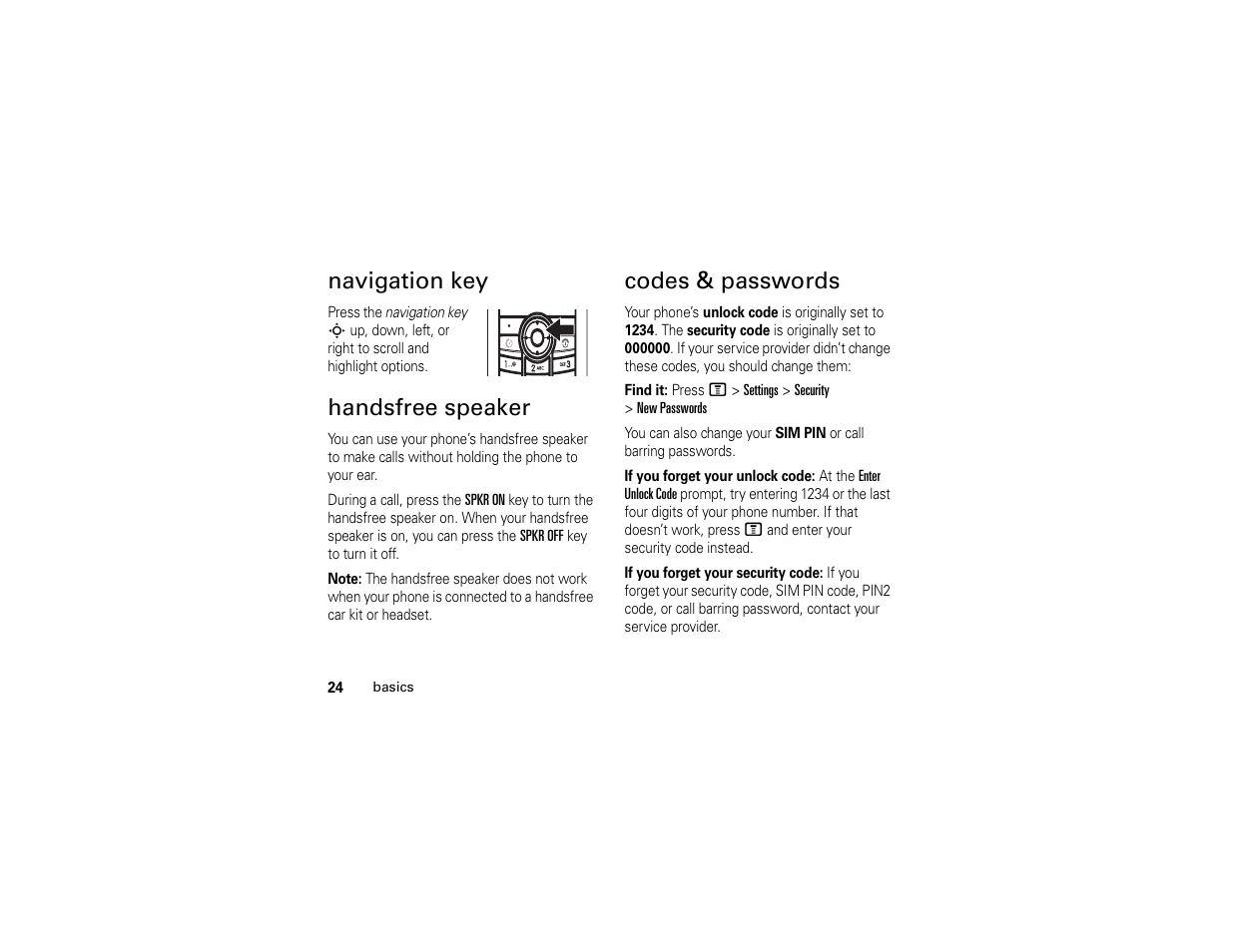 Navigation key, Handsfree speaker, Codes & passwords | Motorola C261 User Manual | Page 26 / 78
