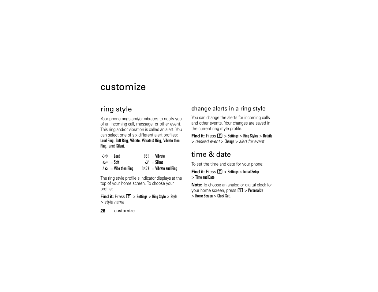 Customize, Ring style, Time & date | Motorola C261 User Manual | Page 28 / 78