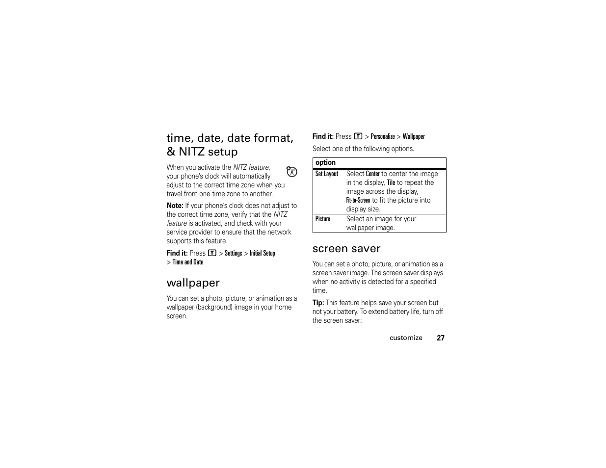 Time, date, date format, & nitz setup, Wallpaper, Screen saver | Motorola C261 User Manual | Page 29 / 78