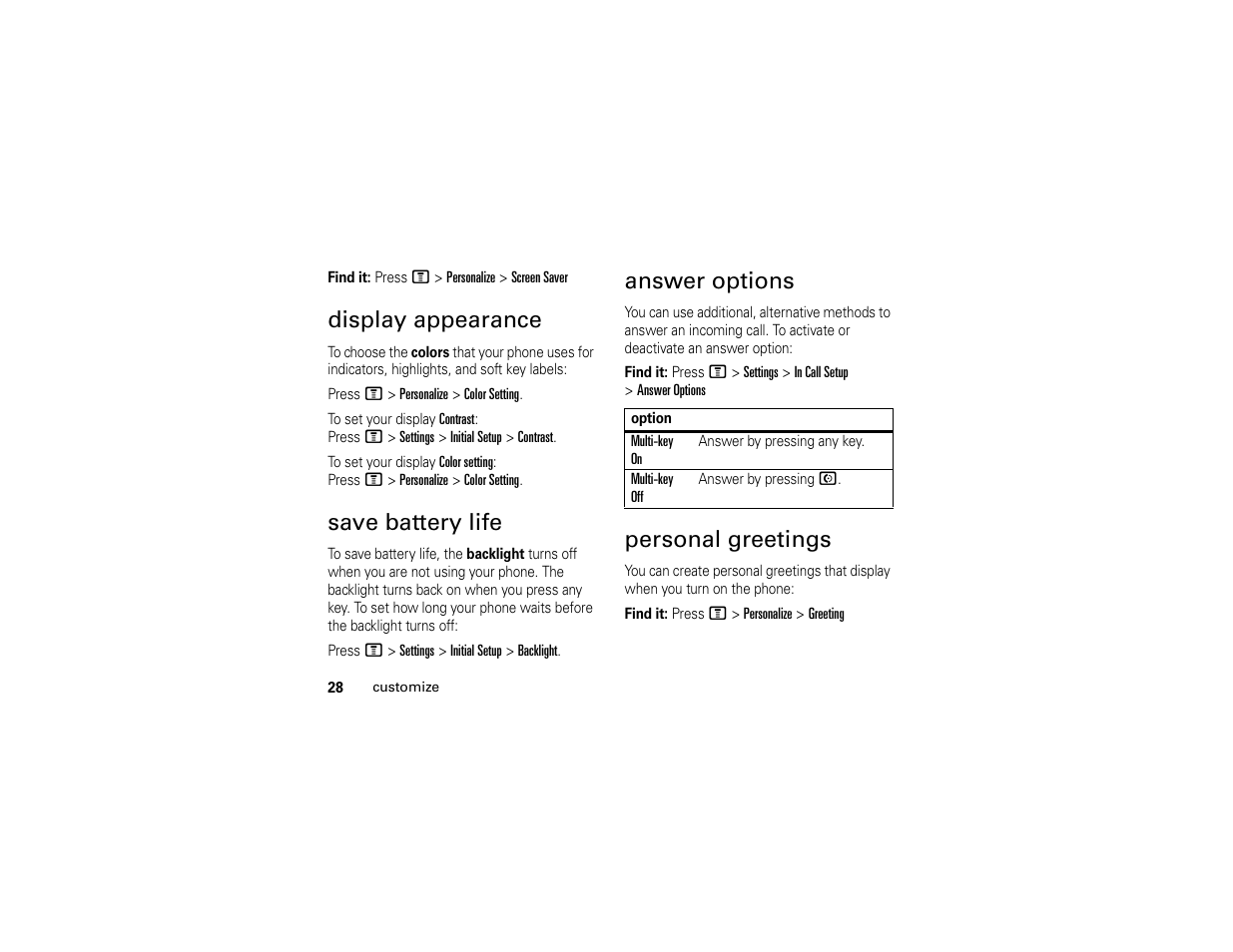 Display appearance, Save battery life, Answer options | Personal greetings | Motorola C261 User Manual | Page 30 / 78