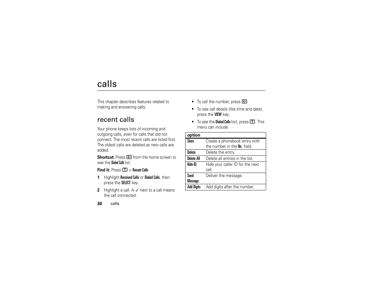 Calls, Recent calls | Motorola C261 User Manual | Page 32 / 78