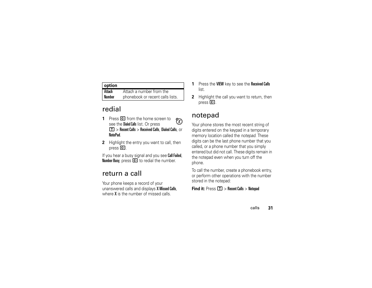 Redial, Return a call | Motorola C261 User Manual | Page 33 / 78