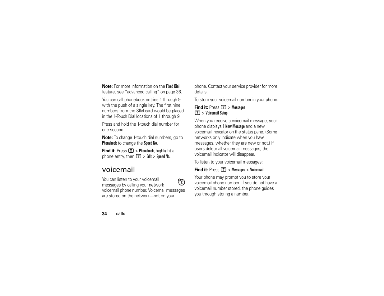 Voicemail | Motorola C261 User Manual | Page 36 / 78