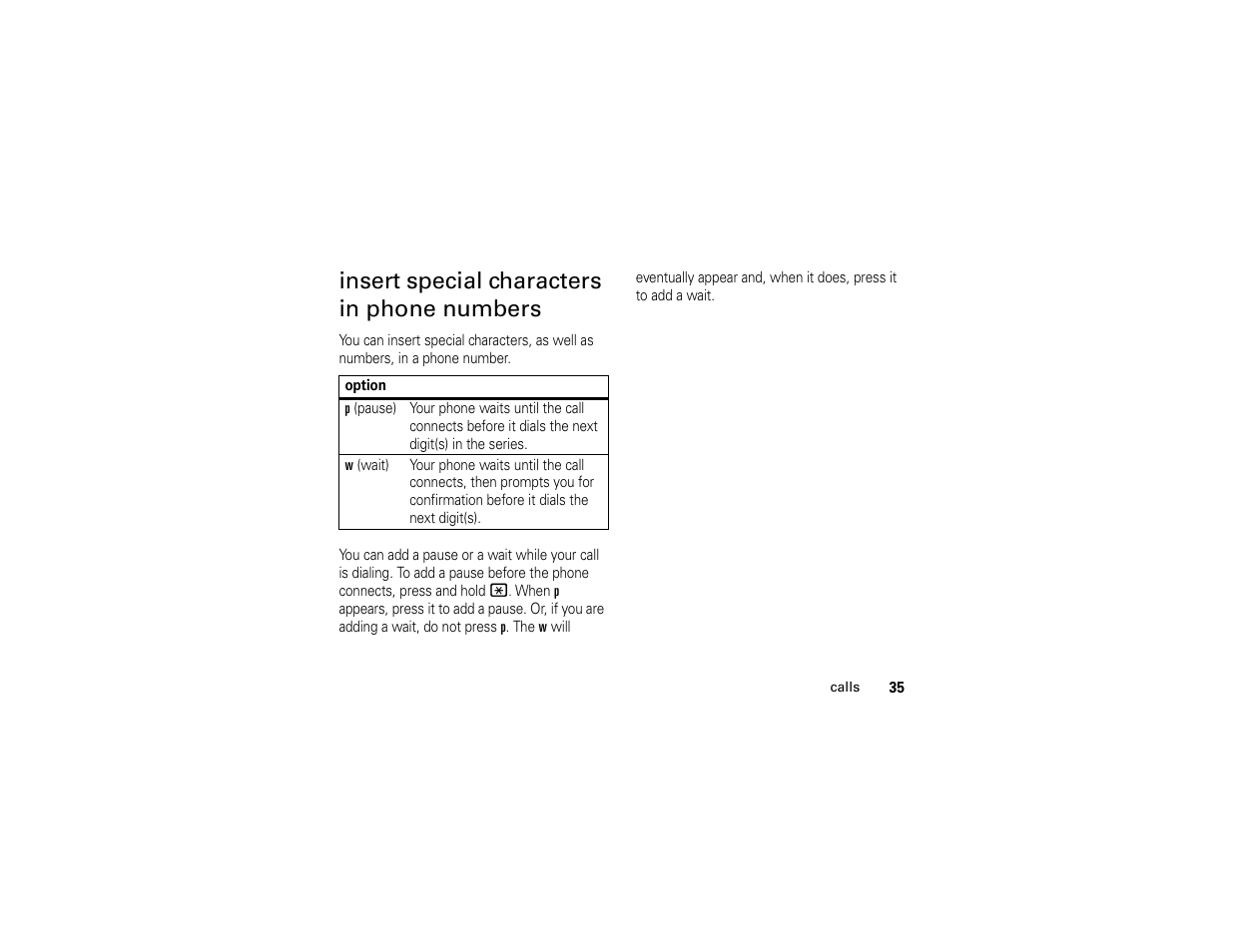 Insert special characters in phone numbers | Motorola C261 User Manual | Page 37 / 78