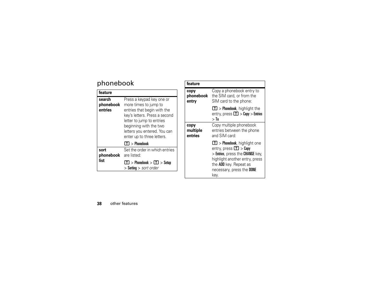 Phonebook | Motorola C261 User Manual | Page 40 / 78