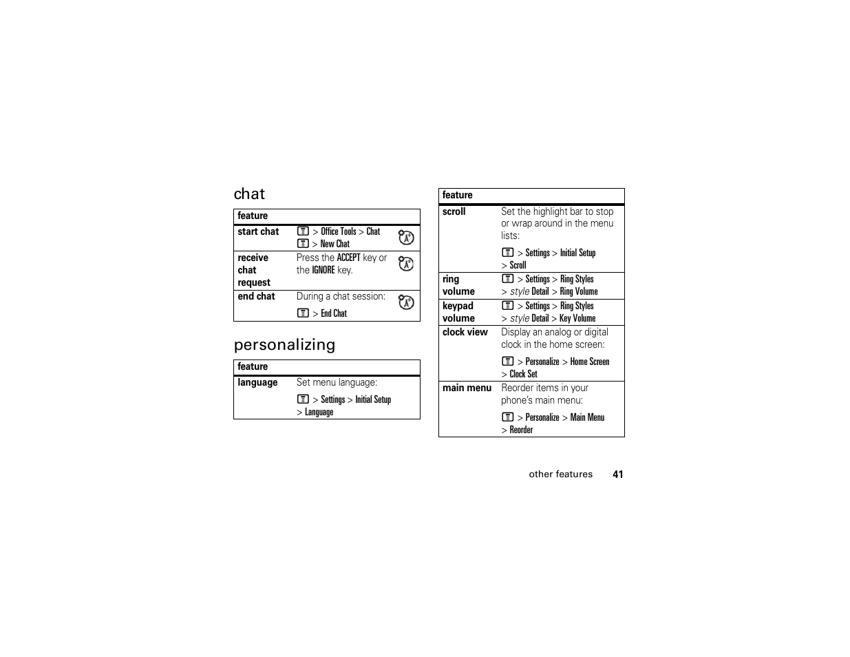 Chat personalizing | Motorola C261 User Manual | Page 43 / 78