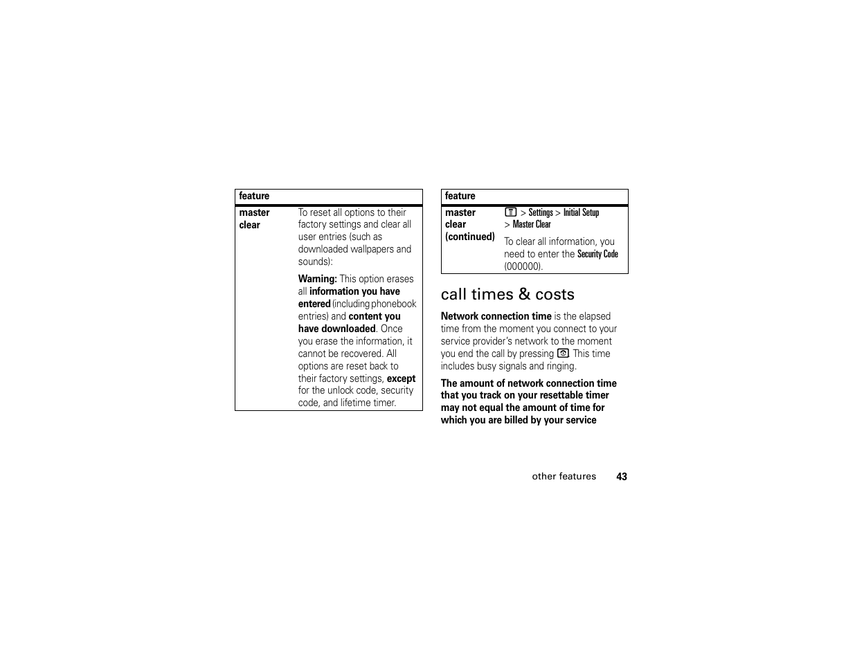 Call times & costs | Motorola C261 User Manual | Page 45 / 78