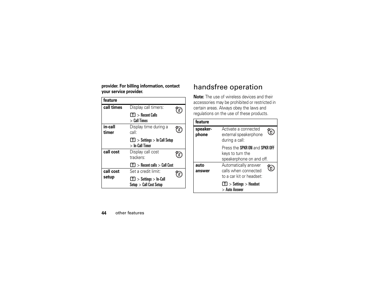 Handsfree operation | Motorola C261 User Manual | Page 46 / 78