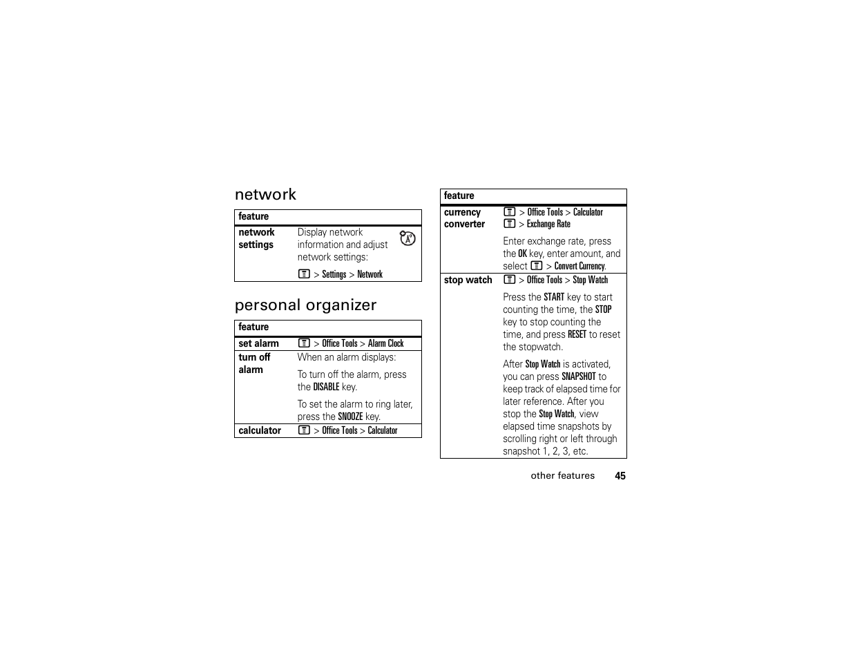 Network personal organizer | Motorola C261 User Manual | Page 47 / 78