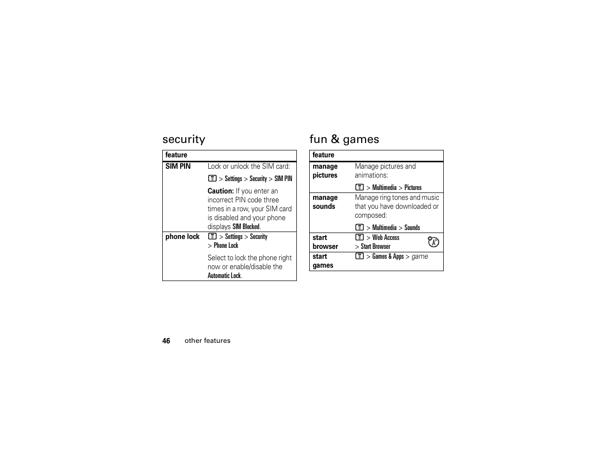 Security fun & games | Motorola C261 User Manual | Page 48 / 78