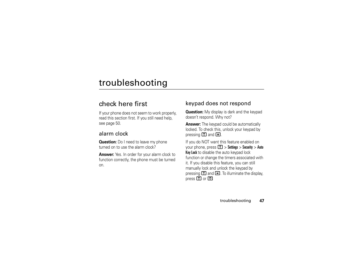 Troubleshooting, Check here first | Motorola C261 User Manual | Page 49 / 78