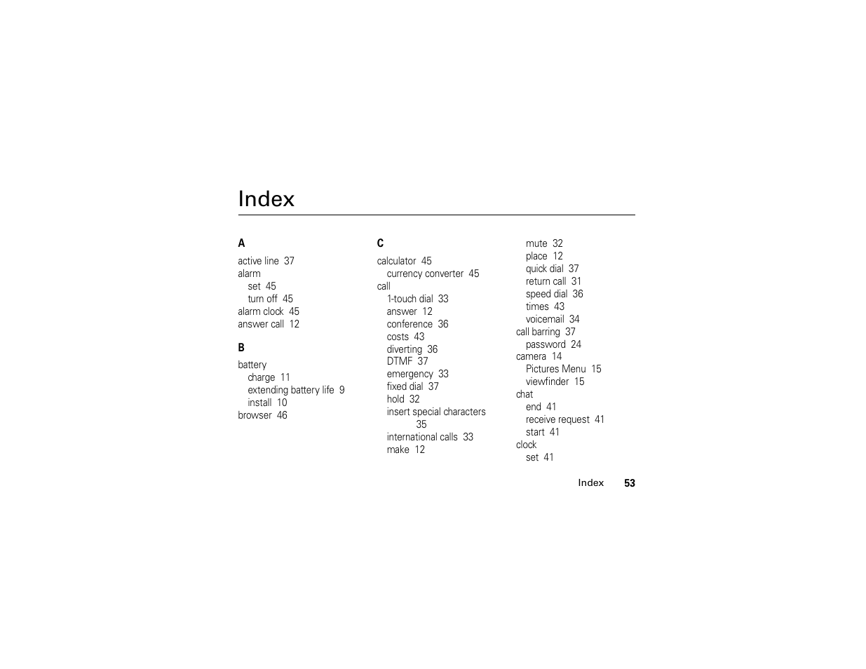 Index | Motorola C261 User Manual | Page 55 / 78