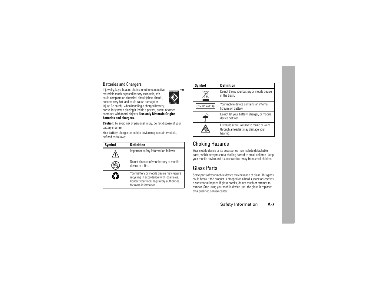 Choking hazards, Glass parts | Motorola C261 User Manual | Page 65 / 78