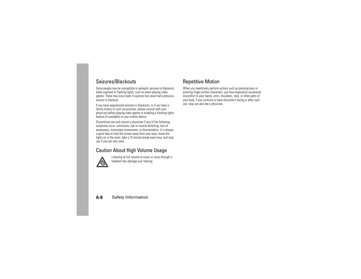 Seizures/blackouts, Caution about high volume usage, Repetitive motion | Motorola C261 User Manual | Page 66 / 78