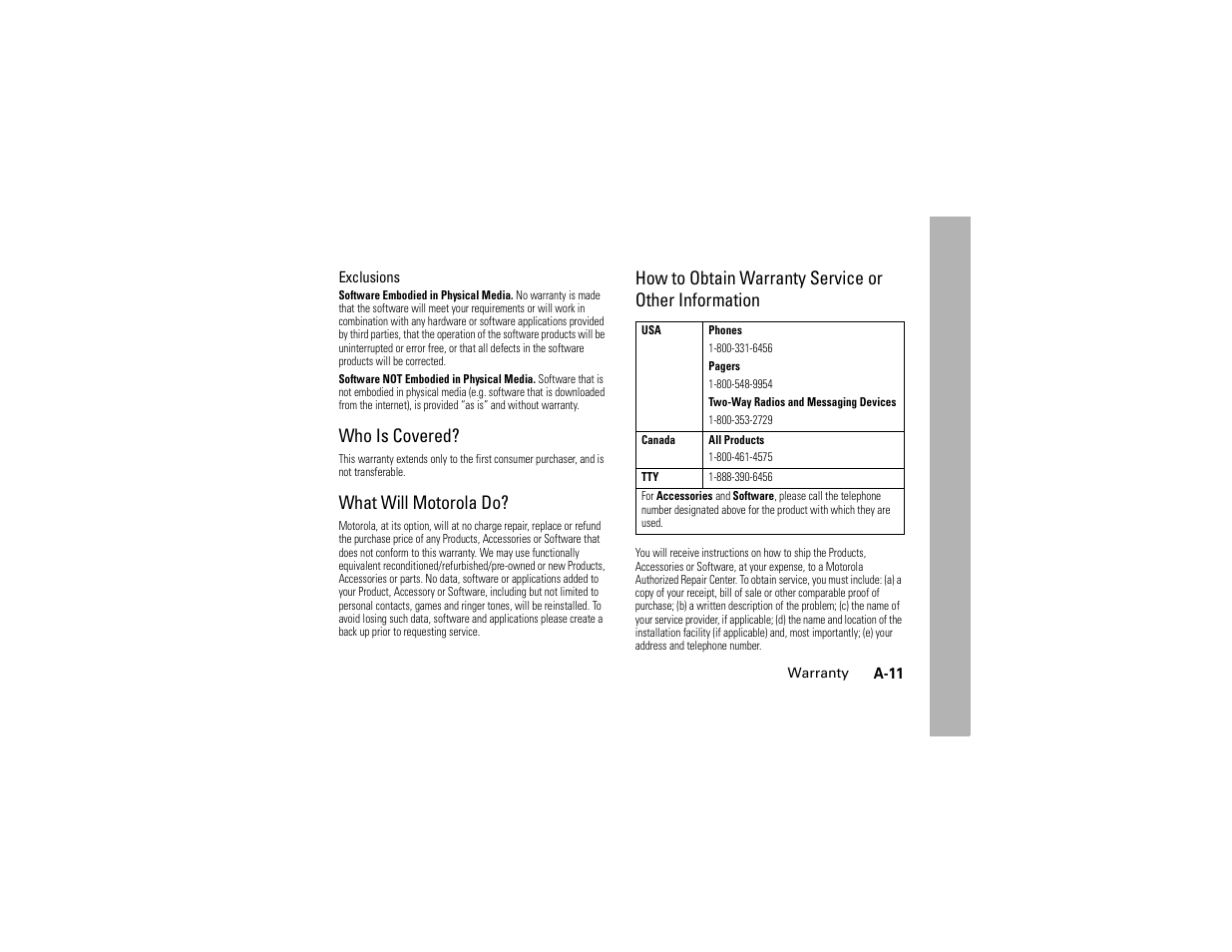 Who is covered, What will motorola do | Motorola C261 User Manual | Page 69 / 78