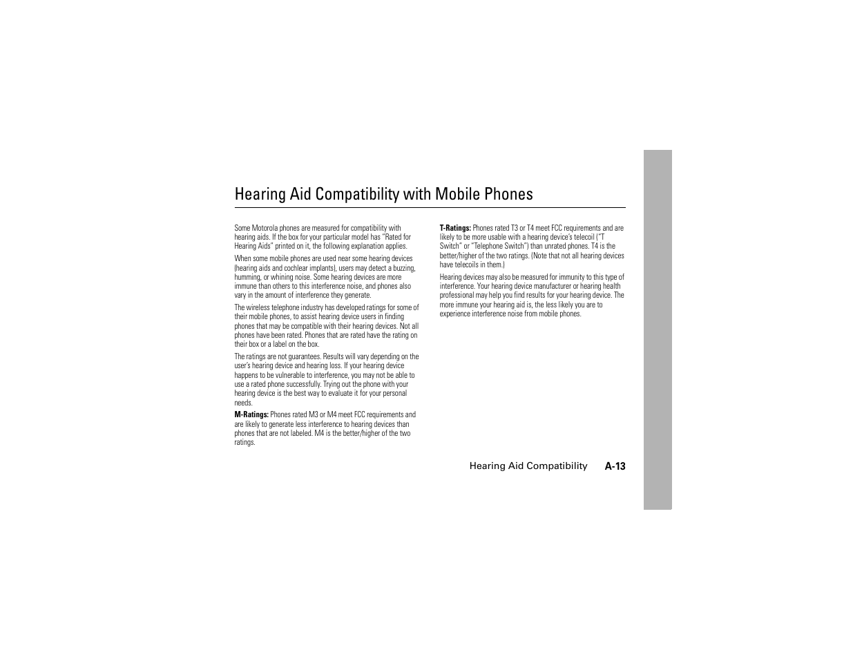 Hearing aid compatibility, Hearing aid compatibility with mobile phones | Motorola C261 User Manual | Page 71 / 78