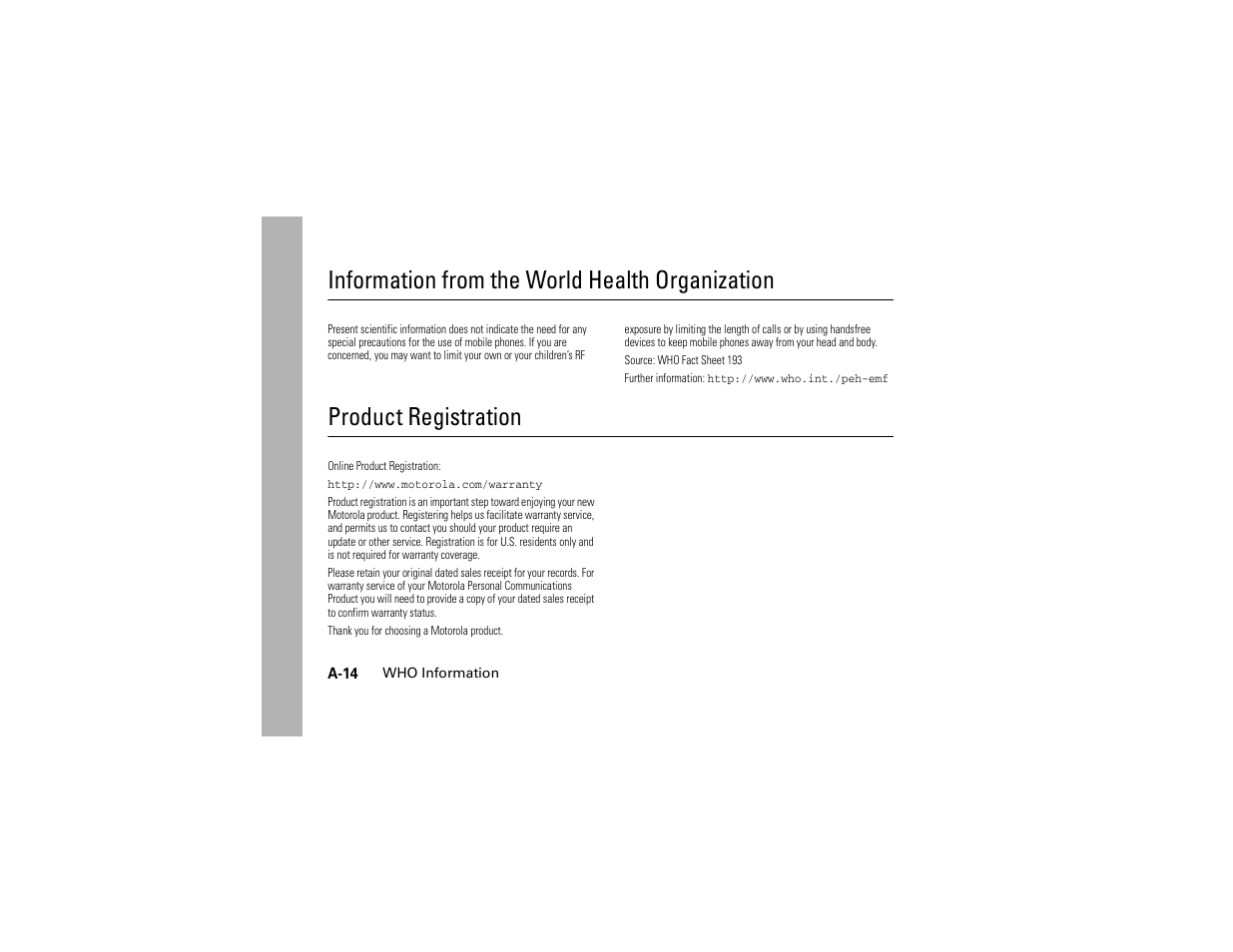 Who information, Product registration, Information from the world health organization | Motorola C261 User Manual | Page 72 / 78