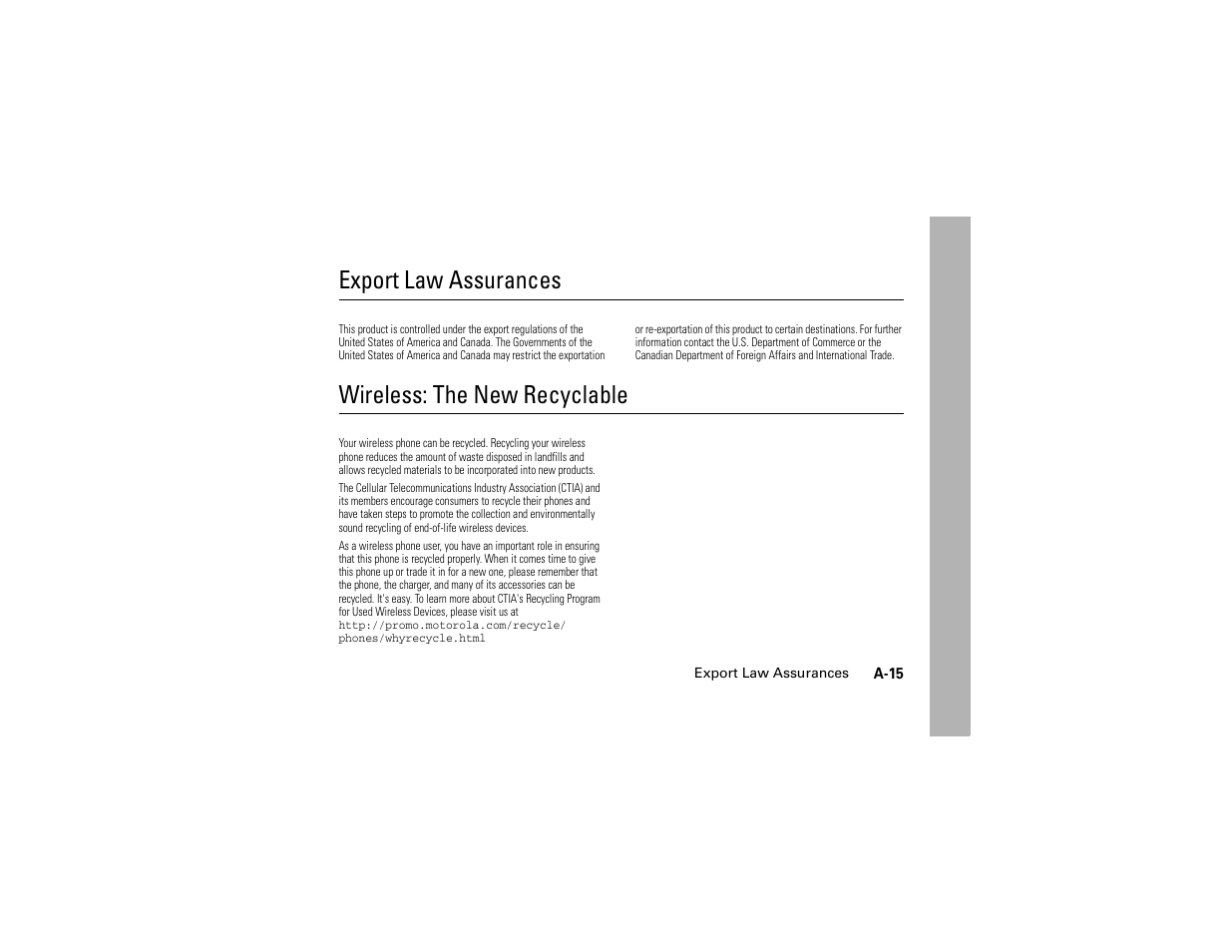 Export law assurances, Wireless: the new recyclable | Motorola C261 User Manual | Page 73 / 78