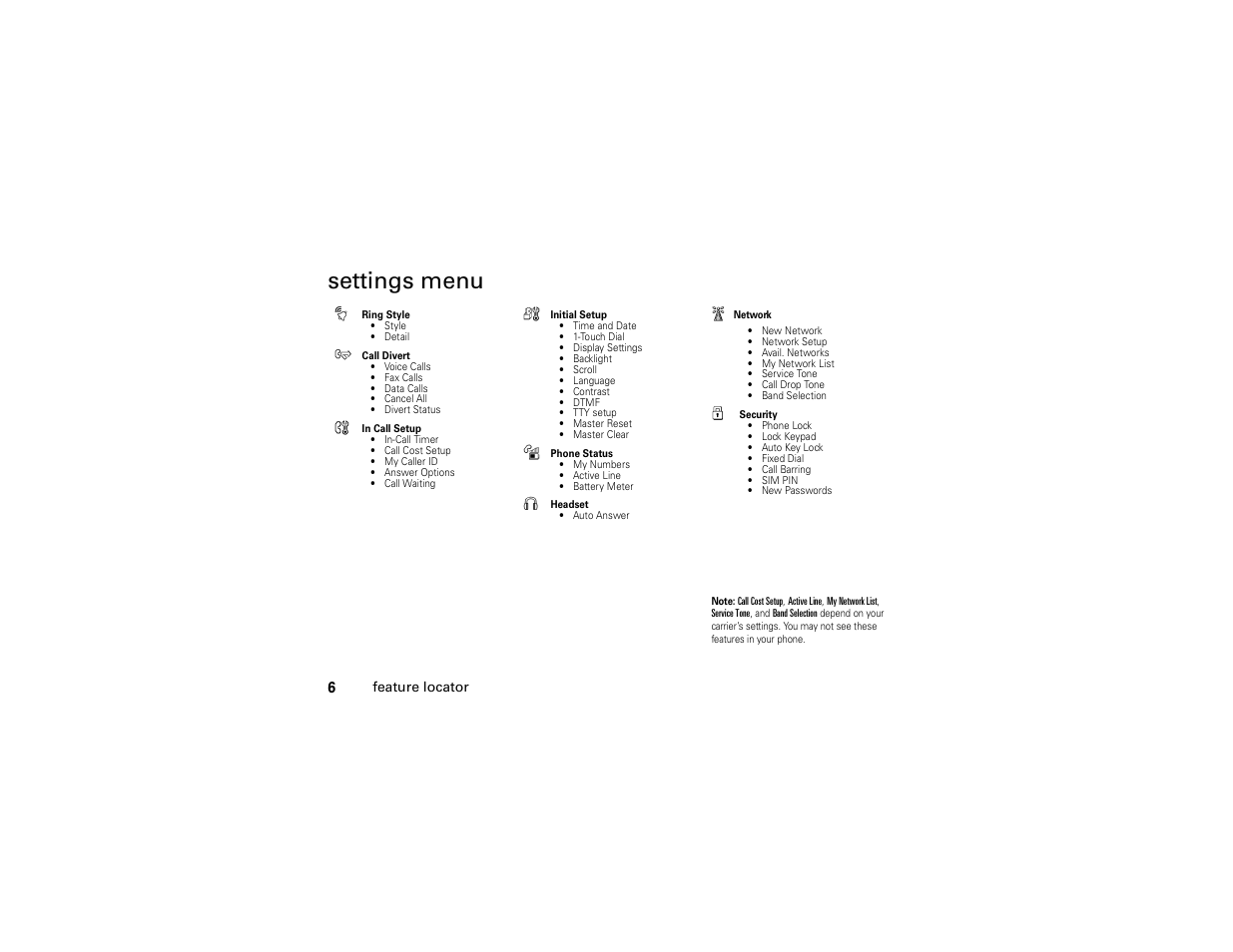 Settings menu | Motorola C261 User Manual | Page 8 / 78