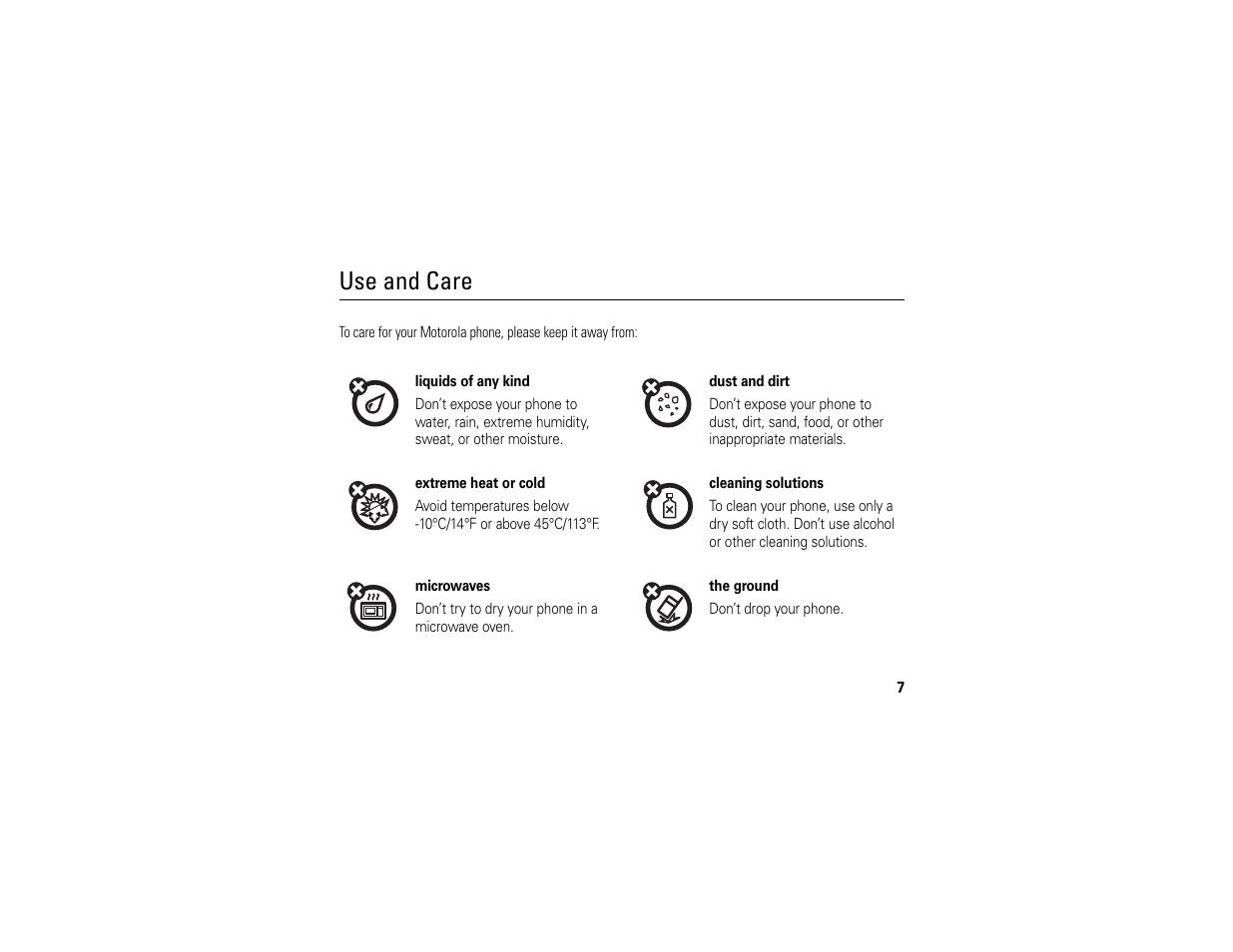 Use and care | Motorola C261 User Manual | Page 9 / 78